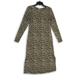 Loft Womens Black Brown Animal Print Round Neck Long Sleeve Pencil Dress Size XS