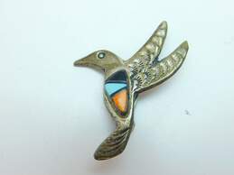 Joe Martinez 925 Coral Turquoise & Onyx Inlay Hummingbird Brooch 5.6g alternative image