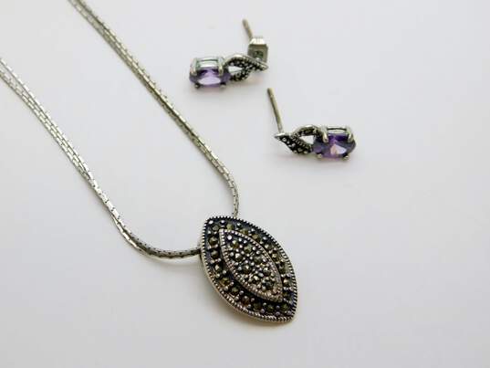 Romantic 925 Sterling Silver Marcasite & CZ Earrings & Pendant Necklace 7.2g image number 1