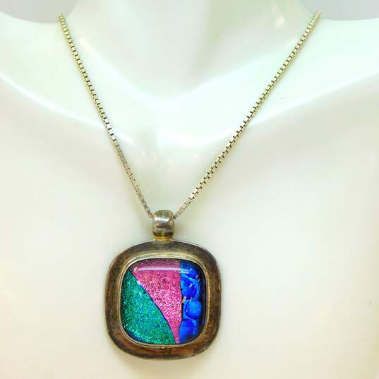 Artisan 925 Chunky Dichroic Glass Pendant Necklace 28.9g image number 2