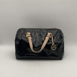 Womens Black Tan Leather Logo Charm Zipper Double Handle Small Duffle Bag