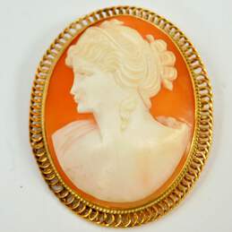 Antique 14K Yellow Gold Carved Shell Cameo Brooch Pendant 9.1g alternative image