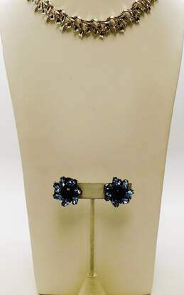 VNTG Weiss Blue CZ Flower Clip-On Earrings & Coro Silver Tone Necklace 71.6g