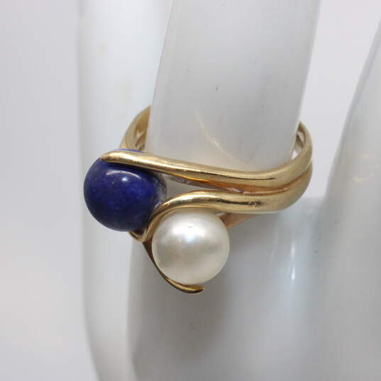 14K Yellow Gold Blue Lapis & Pearl Ring size 7.75 - 6.4g image number 2