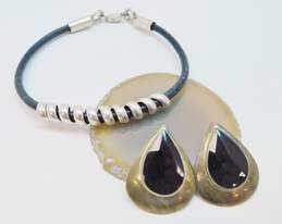 Artisan 925 Modernist Faux Onyx Tiered Teardrop Post Earrings & Coiled Charm Black Cord Bracelet 19.6g