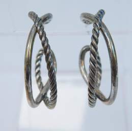 David Yurman 925 Twisted Rope Cable & Smooth Crossover Loop Semi Hoop Post Earrings 15.8g