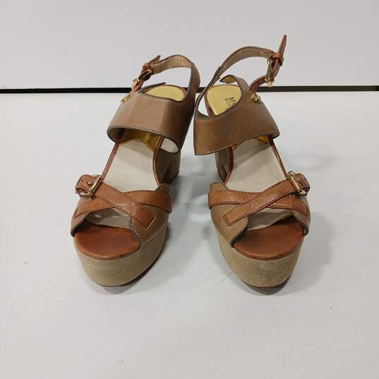 Michael Kors Women's Brown Leather Peep Toe Heeled Platform Sandals Size 8M image number 1