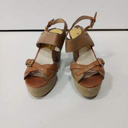 Michael Kors Women's Brown Leather Peep Toe Heeled Platform Sandals Size 8M