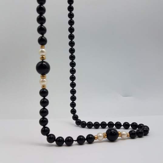 14k Gold Onyx Bead Fw Pearl 32 Inch Endless Collar Necklace 75..0g image number 2