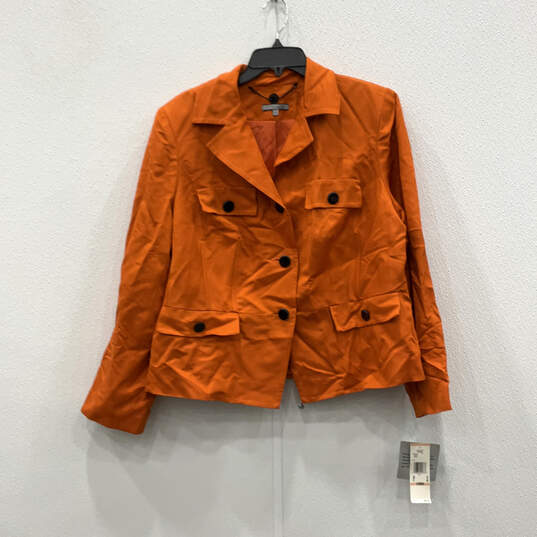 NWT Womens Orange Long Sleeve Pockets Button Front Peplum Blazer Size 14 image number 1
