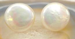 14K Yellow Gold White Coin Pearl Post Earrings 2.4g