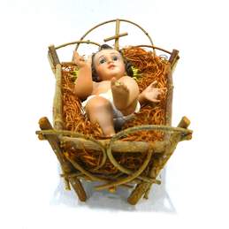 Vintage Nativity Baby Jesus Figurine W/ Glass Eyes & Twig Manger Christmas Spain