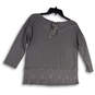 Womens Gray Graphic Print Lace Hem 3/4 Sleeve Back Tie Blouse Top Size XS image number 3