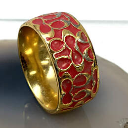 Designer Coach Gold-Tone Monogram Red Coral Enamel Wide Band Ring