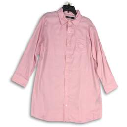 Womens Pink Long Sleeve Collared Front Pocket Button-Up Sleepshirt Size L