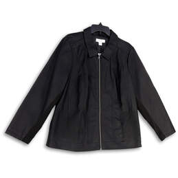 Women Black Leather Long Sleeve Spread Collar Full-Zip Jacket Size 1X