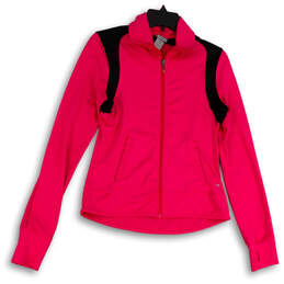Womens Pink Black Thumb Hole Mock Neck Pockets Full-Zip Track Jacket Sz XS