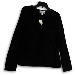 NWT Womens Black V-Neck Long Sleeve Front Button Blouse Top Size L