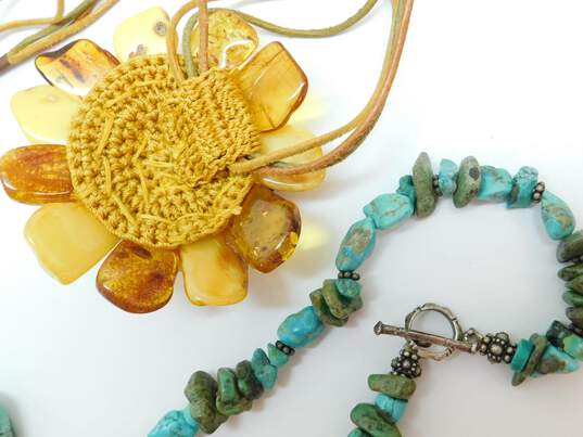 Boho Artisan Amber & Turquoise Pendant Necklaces & Coral Chunky Stretch Bracelet 182.6g image number 3