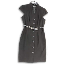 Womens Black Short Sleeve Waist Belted Button Front Shift Dress Size 4P
