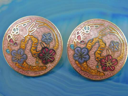 Artisan Goldtone Cloisonne Colorful Enamel Flowers & Butterflies Locket Pendant & Cherry Blossom & Lily Post Earrings 52.9g image number 5