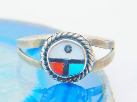 Artisan Zuni 925 Southwestern Bird Turquoise Coral Mother of Pearl & Onyx Inlay Pendant Brooch & Sunface Ring 5.6g image number 3