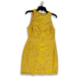 Womens Yellow Lace Sleeveless Round Neck Back Zip Sheath Dress Size Medium