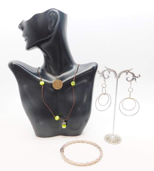 Artisan 925 Green Cats Eye Ball Pendant Beaded Cord Necklace Nested Circles Drop Earrings & Lattice Puffed Bangle Bracelet 22.6g image number 5
