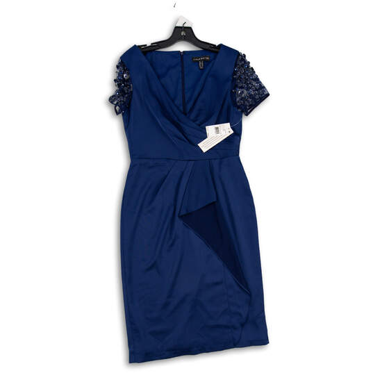 NWT Womens Blue Beaded Short Sleeve V Neck Wrap Dress Size 8 image number 1