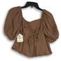 NWT Altar'd State Womens Brown Scoop Neck Puff Sleeve Cropped Blouse Top Sz S image number 2
