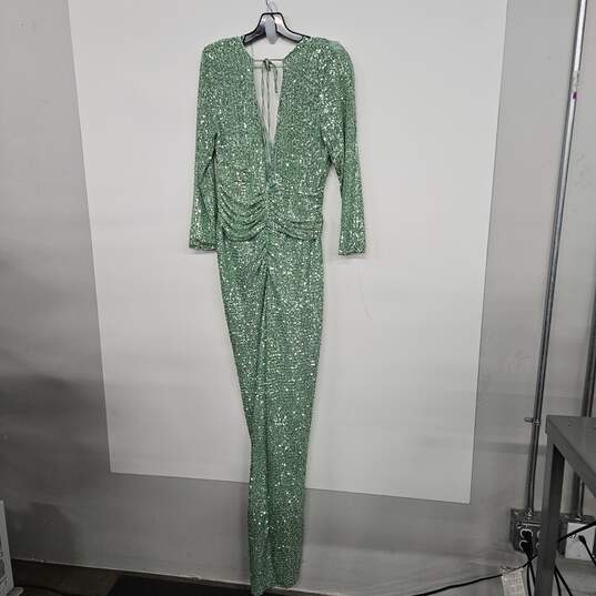 Light Green Sequin Long Sleeve V Neck Wrap Gown Dress with Slit image number 2