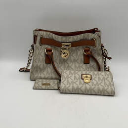 Womens Cream Brown Double Handle Satchel Bag Purse w/ Wallet & Card Holder