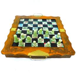 Chinese Asian Folding Chess Board W/ Soap Stone Figures & Drawer Storage alternative image