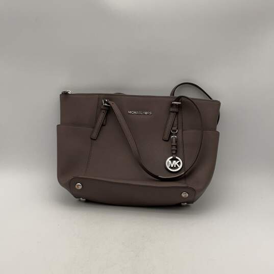 Michael Kors Womens Brown Leather Outer Pocket Jet Set East West Tote Purse image number 1