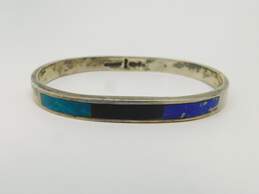 Taxco Mexico 925 Modernist Faux Turquoise Lapis & Onyx Cabochons Bypass Band Ring & Inlay Hinged Bangle Bracelet 34.7g alternative image