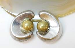 Taxco Mexico 925 & Brass Modernist Dome & Ridged Crescent Chunky Clip On Earrings 16g