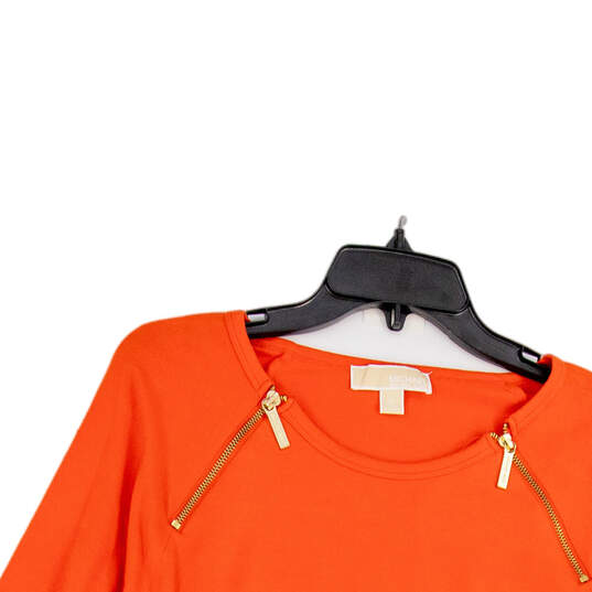 Womens Orange Round Neck Front Zip Long Sleeve Pullover Blouse Top Size XL image number 3