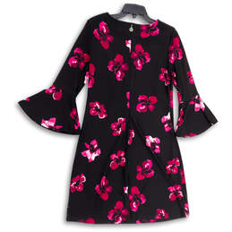 Womens Black Pink Floral Long Bell Sleeve Knee Length Shift Dress Size 9 alternative image