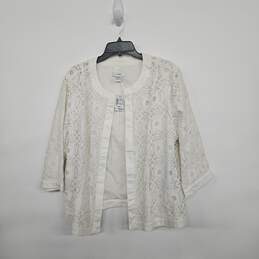 CJ Banks White Long Sleeve Lace Print Open Front Cardigan