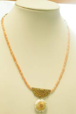 Gold Tone Coral & Enamel Floral Beaded Pendant Necklace