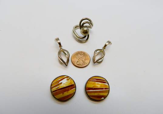 Zina & Artisan 925 Unique Cage Drop Post & Amber Lines Circle Clip On Earrings & Wavy Dome Ring 24.2g image number 4