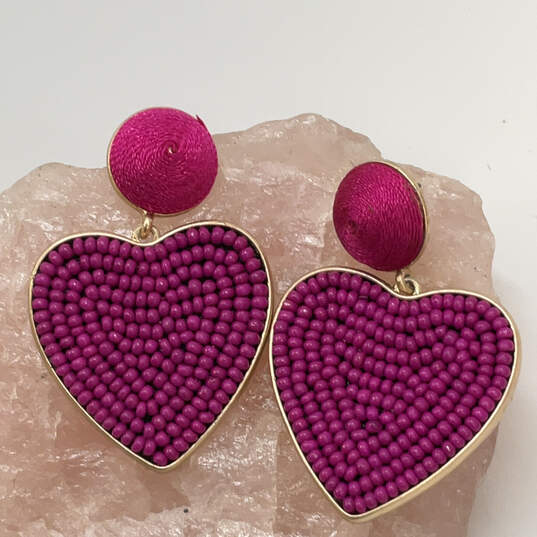 Designer J. Crew Gold-Tone Purple Beaded Heart Shape Drop Earrings image number 2