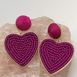 Designer J. Crew Gold-Tone Purple Beaded Heart Shape Drop Earrings alternative image