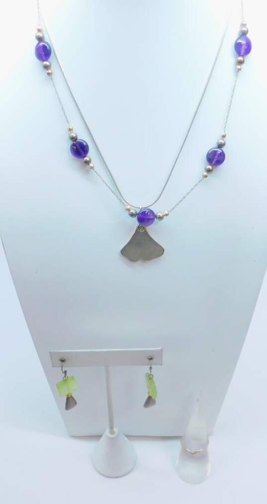 Artisan 925 Textured Ginkgo Leaf Pendant & Amethyst Station Necklaces Prehnite & Hammered Ovals Drop Earrings & Chevron Band Ring 25.5g image number 1