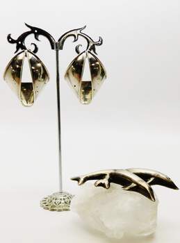 VNTG 925 Taxco Statement Earrings & Mexican Modernist Dolphin Brooch 32.3g