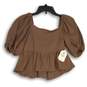 NWT Altar'd State Womens Brown Scoop Neck Puff Sleeve Cropped Blouse Top Sz S image number 1