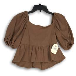 NWT Altar'd State Womens Brown Scoop Neck Puff Sleeve Cropped Blouse Top Sz S