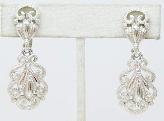 VNTG Crown Trifari Silver Tone Scrolled Clip-On Drop Dangle Earrings 12.2g image number 3
