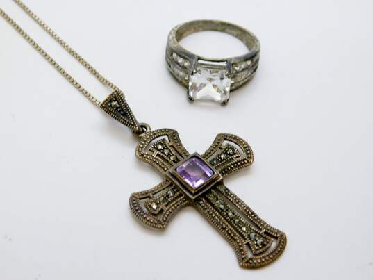 Romantic 925 Sterling SIlver Amethyst & Marcasite Crucifix Pendant Necklace & CZ Statement Ring 14.2g image number 1
