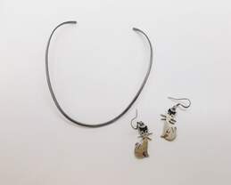 Vintage Taxco 925 Collar Necklace & Black Enamel Cat Earrings 30.2g